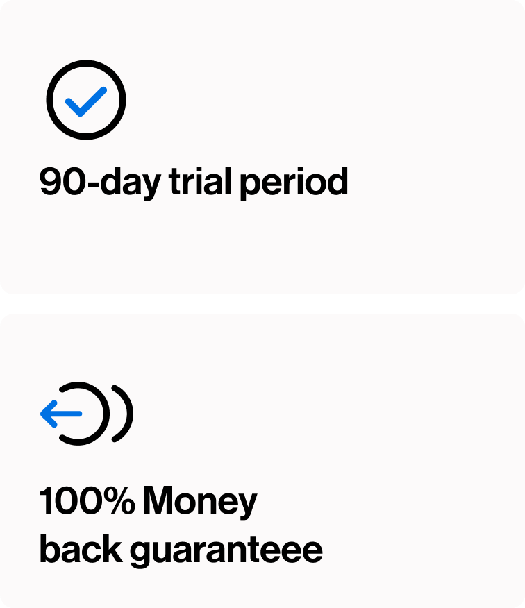 90-day trial period. 100% money back guarantee.